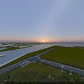 Aerial Landscape with River Roads Green Fields and Sunset Sky