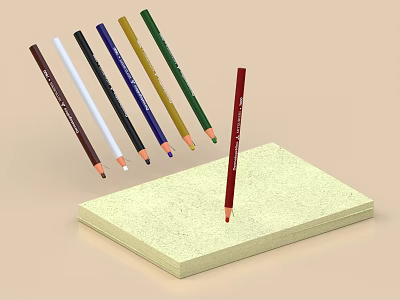 Colored Pencils With Red One Arranged Around Yellow Notepad On Light Brown Background 3d model