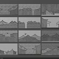 Chinese Style Background Wall With Traditional Roof And Mountain Line Art