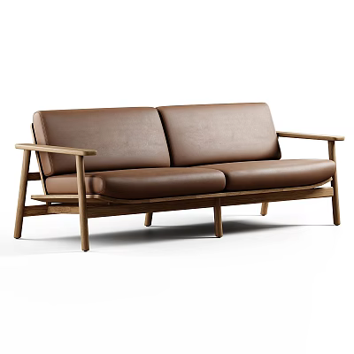 Modern Brown Leather Two Seater Sofa with Wooden Frame and Minimalist Design 3d model