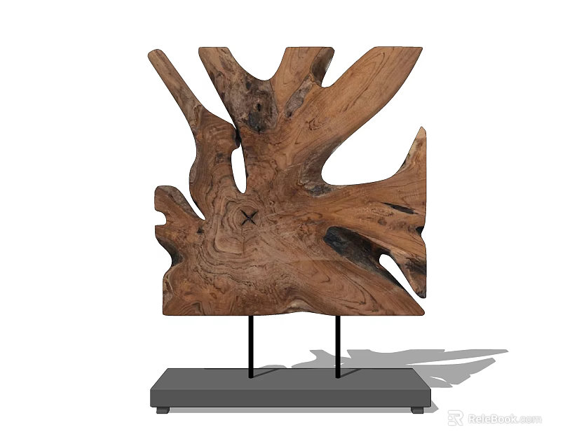 Natural Wooden Tree Root Shaped Decorative Ornament Set With Black Base And Metal Stand 3d model 