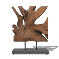 Natural Wooden Tree Root Shaped Decorative Ornament Set With Black Base And Metal Stand