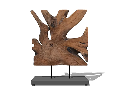 Natural Wooden Tree Root Shaped Decorative Ornament Set With Black Base And Metal Stand 3d model