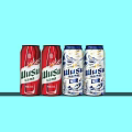 Budweiser Beer Four Cans in Red and Blue on Light Blue Background