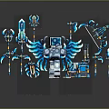 Futuristic Blue And White Mechanical Device With Wings Surrounded By Various Blue Weapons And Chest