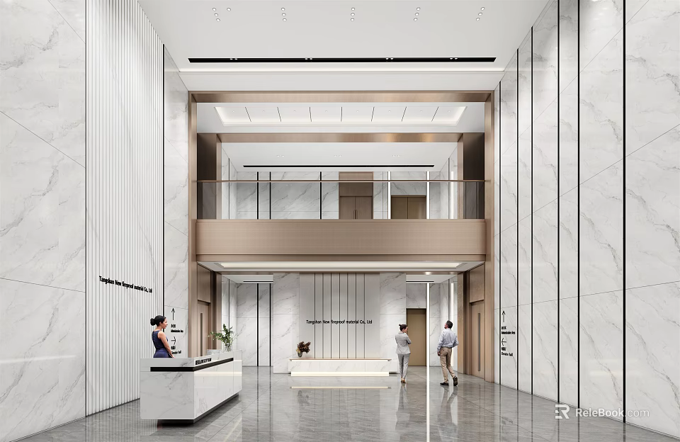 Modern Lobby Reception Desk With Marble Walls And Elegant Design 3d model 