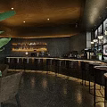 Modern Bar Interior With Black Counter High Stools Large Windows Warm Lighting And City View 3d model