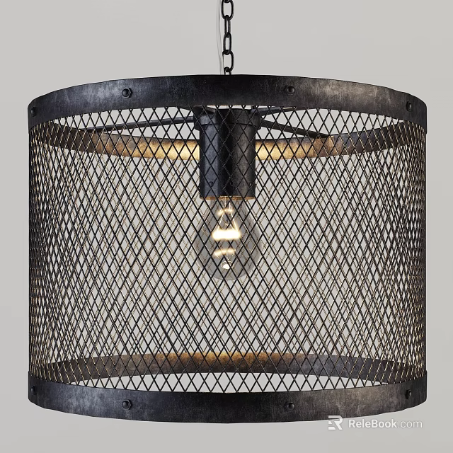 Industrial Style Black Metal Cage Pendant Light With Exposed Bulb Design 3d model 
