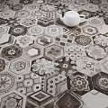 Vintage Hexagonal Tile Floor With Intricate Patterns And White Teapot Accent 3d model
