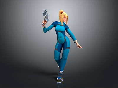 3D Render of Blonde Female Character in Blue Bodysuit Holding Gun and Wearing Roller Skates 3d model