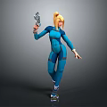 3D Render of Blonde Female Character in Blue Bodysuit Holding Gun and Wearing Roller Skates