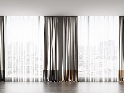 Modern Light Filtering Curtains In Gray And Beige Linen For Floor Length Windows 3d model