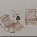 Two Rattan Lounge Chairs Including Rocking Design With Dark Vase And Dried Flowers