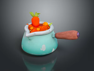 Light Blue Pot with White Spots Wooden Handle Purple Accent Carrot and Soup Inside 3d model