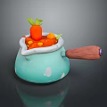 Light Blue Pot with White Spots Wooden Handle Purple Accent Carrot and Soup Inside