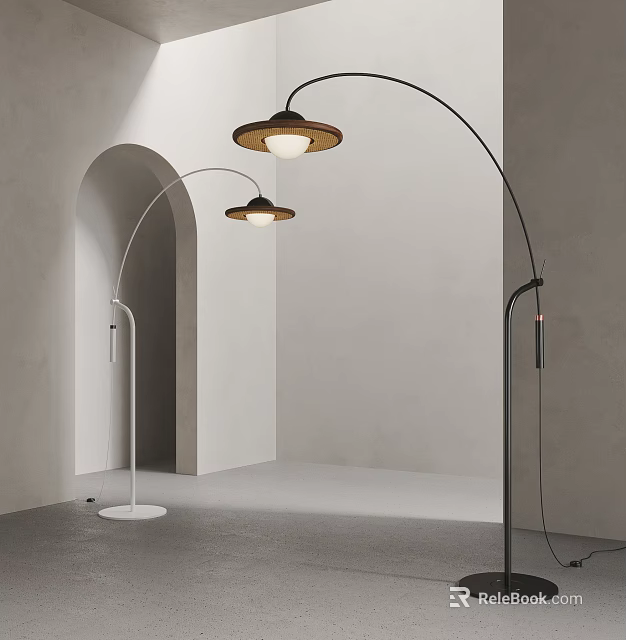 Modern Arched Floor Lamps in White and Black with Circular Shades in Minimalist Room 3d model 