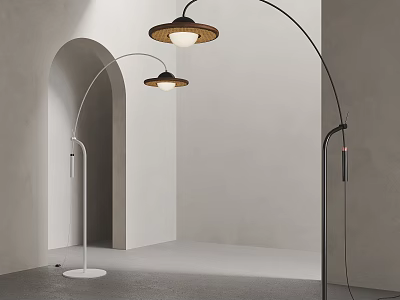 Modern Arched Floor Lamps in White and Black with Circular Shades in Minimalist Room 3d model