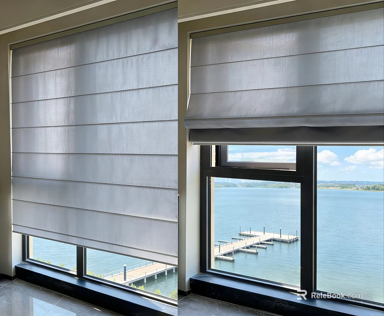White Roman Blinds with Layered Design for Lake View Window with Dock 3d model 