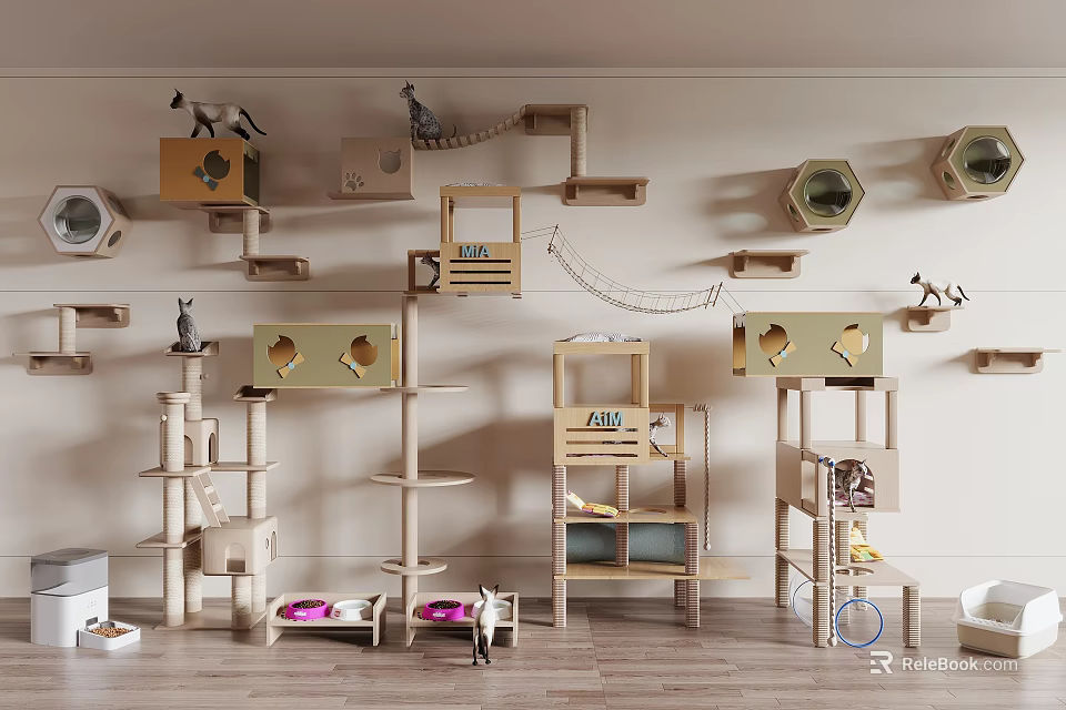 Stylish Wooden Cat Furniture With Wall Mounted Shelves Trees Beds And Scratchers 3d model 