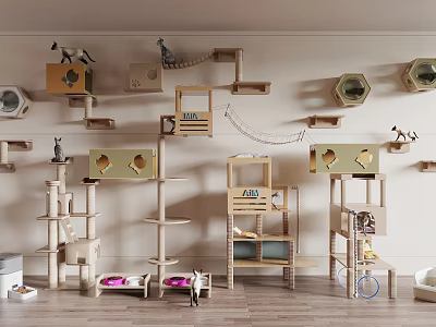 Stylish Wooden Cat Furniture With Wall Mounted Shelves Trees Beds And Scratchers 3d model