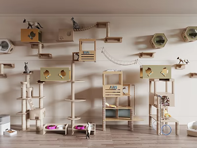 Stylish Wooden Cat Furniture With Wall Mounted Shelves Trees Beds And Scratchers 3d model