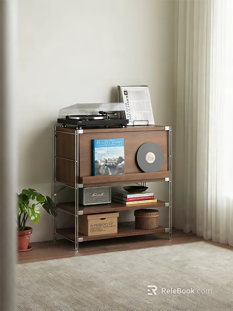 Stylish Entryway Sideboard Cabinet Featuring Vinyl Record Player Storage Boxes And Potted Plant 3d model 