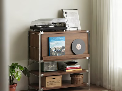 Stylish Entryway Sideboard Cabinet Featuring Vinyl Record Player Storage Boxes And Potted Plant 3d model