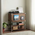 Stylish Entryway Sideboard Cabinet Featuring Vinyl Record Player Storage Boxes And Potted Plant