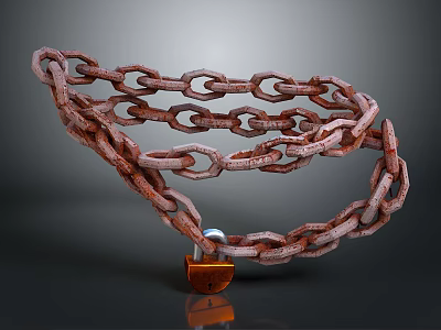 Rusty Chain Link Partition with Coiled Design and Padlock on Gray Background 3d model