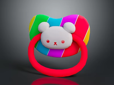 Rainbow Colored Baby Pacifier With Red Ring Handle And White Bear Face Design 3d model