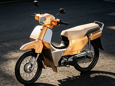 Golden Classic Motorcycle With Light Brown Seat Headlight And Rearview Mirrors On Street 3d model