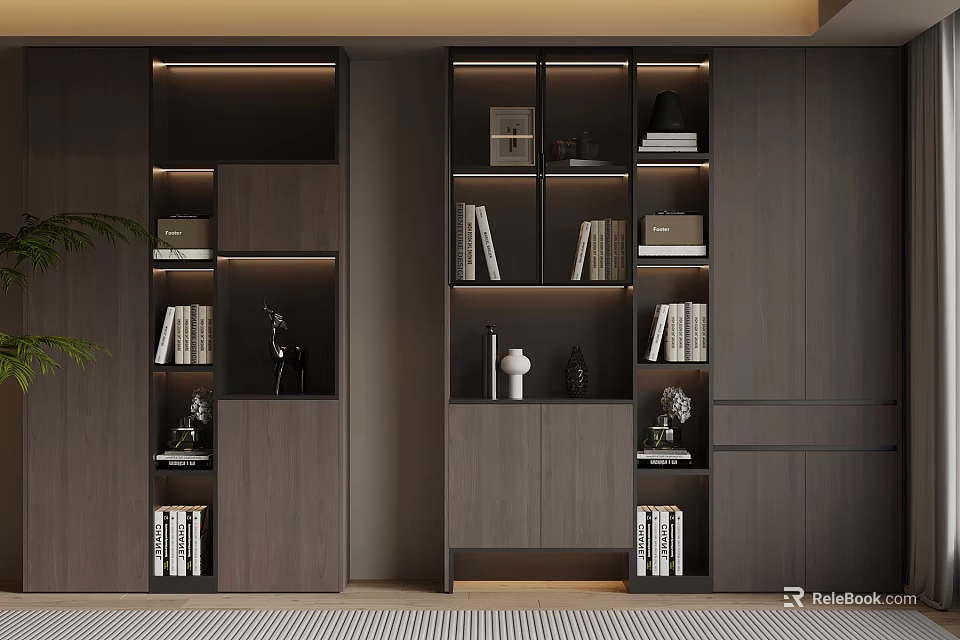 Modern Bookcase Interior Design With Lighting Shelves Books And Decorative Items 3d model