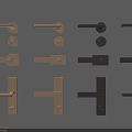Various Types of Wooden and Black Door Handles Displayed on Gray Background