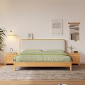 Wooden Double Bed With Light Headboard Green Blue Bedding Nightstand In Modern Cozy Bedroom