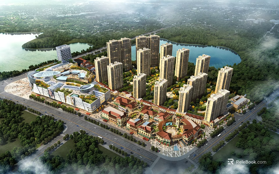 Modern High rise Residential Buildings With Lake View Green Surroundings And Commercial Area 3d model 