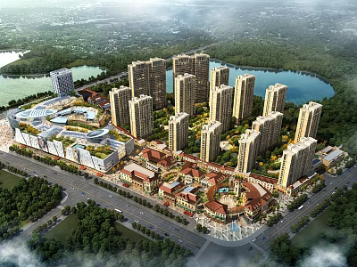 Modern High rise Residential Buildings With Lake View Green Surroundings And Commercial Area 3d model