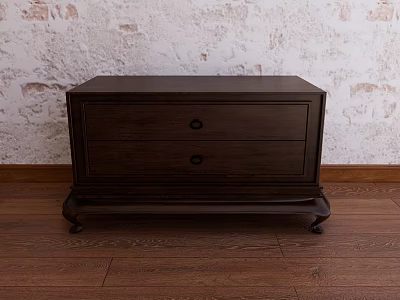 Dark Brown Wooden Nightstand with Two Drawers on Wooden Floor Against White Textured Wall 3d model