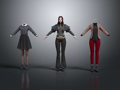 Three Character Models Wearing Various Fashion Outfits Including Gray Dress Brown Top And Red Pants 3d model