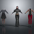 Three Character Models Wearing Various Fashion Outfits Including Gray Dress Brown Top And Red Pants