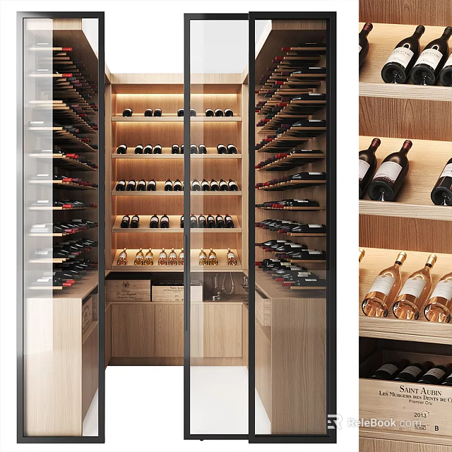 Modern Wine Cabinet With Glass Doors And Wooden Frame For Storing Various Wine Bottles 3d model 