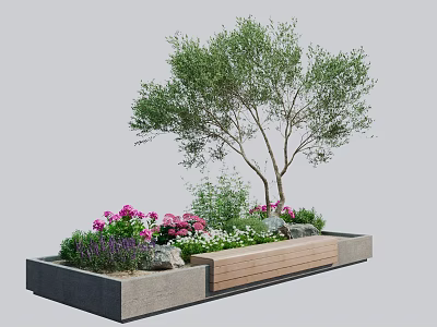 Outdoor Wooden Bench With Garden Plants Purple Pink Flowers And Tree 3d model