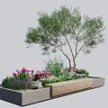 Outdoor Wooden Bench With Garden Plants Purple Pink Flowers And Tree