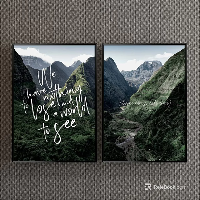 Scenic Mountain Valley Landscape Painting with Green Vegetation Path and Inspirational Quote 3d model 