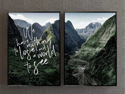Scenic Mountain Valley Landscape Painting with Green Vegetation Path and Inspirational Quote 3d model