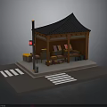 Traditional Wooden Street Kiosk With Black Tiled Roof Street Lamp Traffic Light And Zebra Crossing