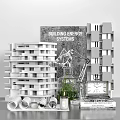Modern Decorative Ornament Set with Architectural Models Crane Glass Container Green Plants Blueprint Rolls Candles