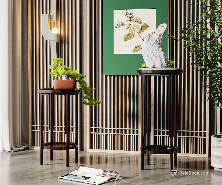 Chinese Style Dark Wood Flower Stand With Potted Plant And Vertical Slat Partition Background 3d model 