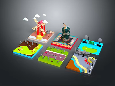 Cartoon Style Micro Scene Models With Windmill Tower Park Square And River 3d model