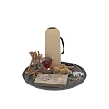 Elegant Tableware Set on Black Tray with Copper Coffee Pot Amber Drink Cookies and Spices