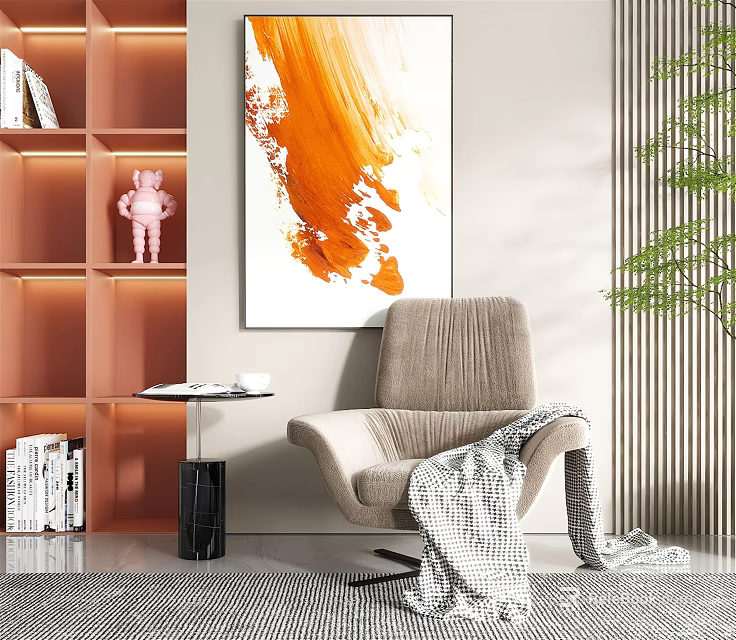 Modern Cozy Living Room Interior With Textured Accent Chair Orange Painting Bookshelves And Green Plant 3d model 